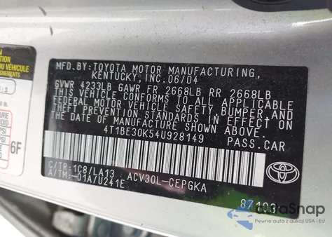 2004 Toyota Camry Xle z USA, uszkodzony, nr VIN 4T1BE30K54U928149